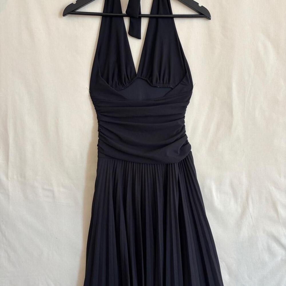 Vintage Y2K Teeze Me Black Halter Pleated Midi Dress Goth Party - Size M